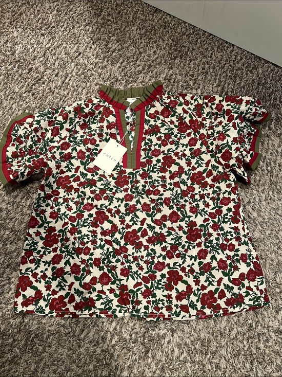 entro Tops - entro Cream Floral Ruffle Sleeve Top with Red Flowers and Green Trim